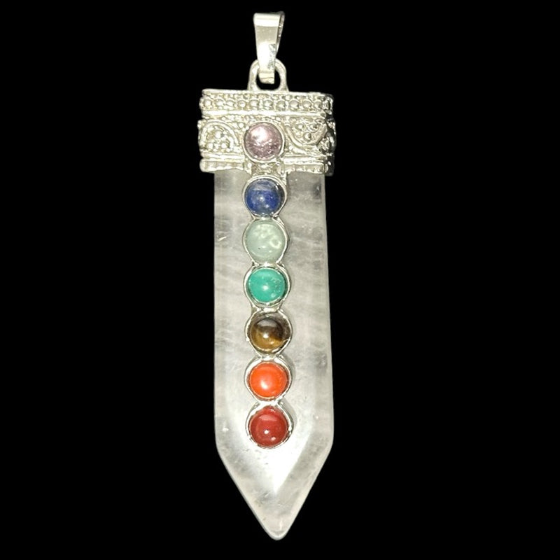 Pendentif 7 chakras cristal de roche acier