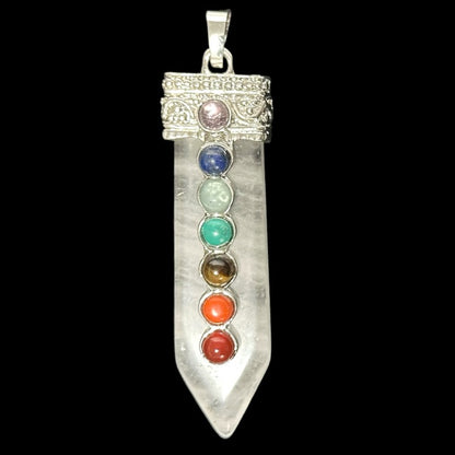 Pendentif 7 chakras cristal de roche Brésil A acier